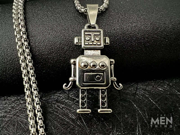 रोबोट V2 - शुद्ध स्टेनलेस स्टील 24 इंच गोल बॉक्स चेन के साथ मिश्र धातु पेंडेंट, पुरुषों और लड़कों के लिए यूरोपीय ट्रेंडिंग स्टाइल