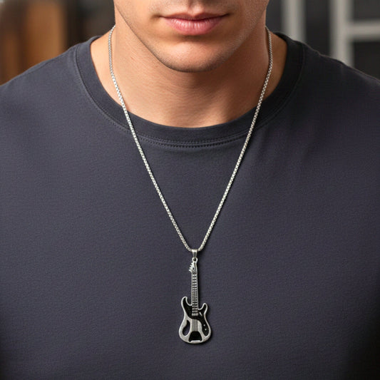 THE MEN THING SS Pendant/ Necklace ROCKSTAR GUITAR - 27mm Pure Titanium Steel Pendant with 27inch Round Box 4mm Chain for Men & Boys