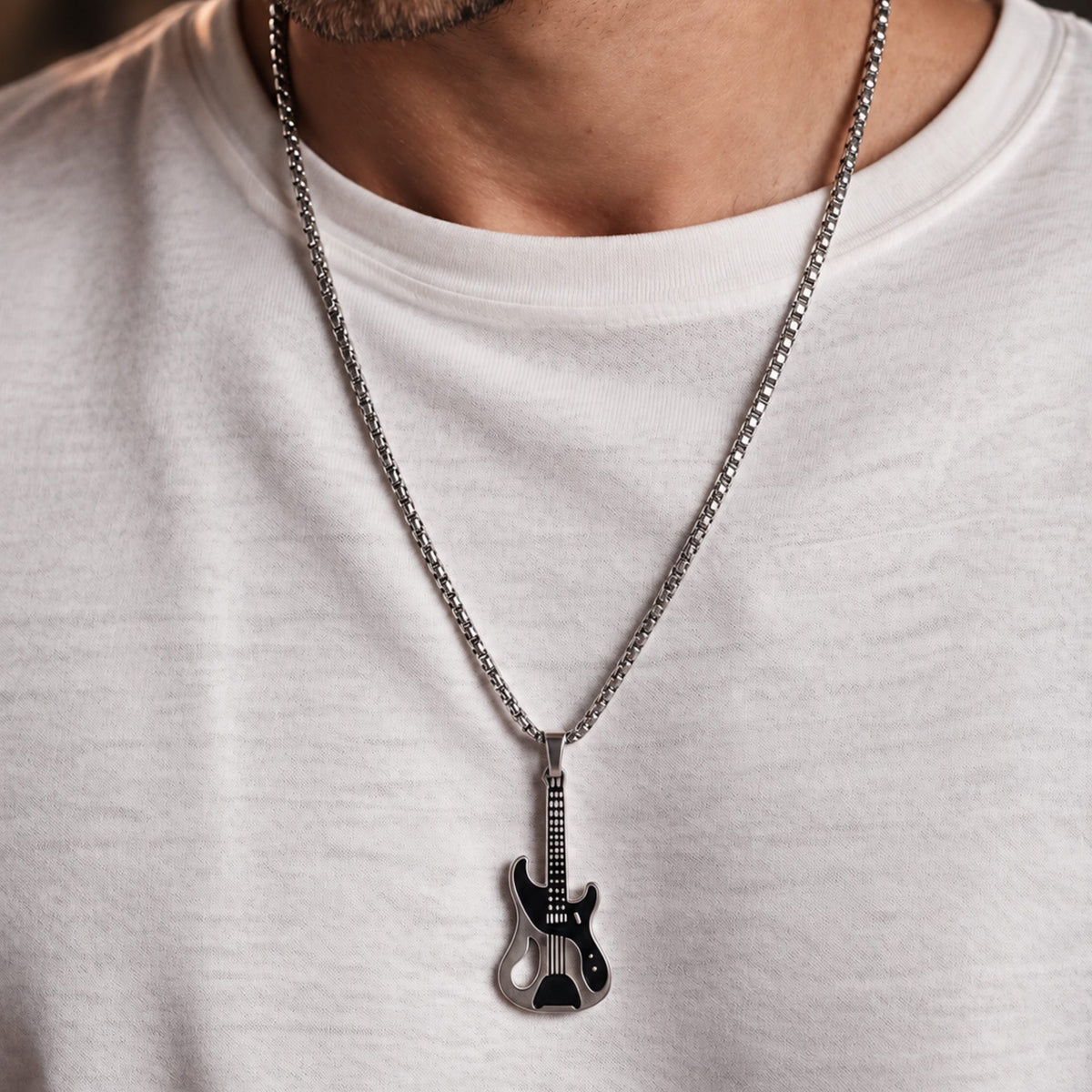 THE MEN THING SS Pendant/ Necklace ROCKSTAR GUITAR - 27mm Pure Titanium Steel Pendant with 27inch Round Box 4mm Chain for Men & Boys