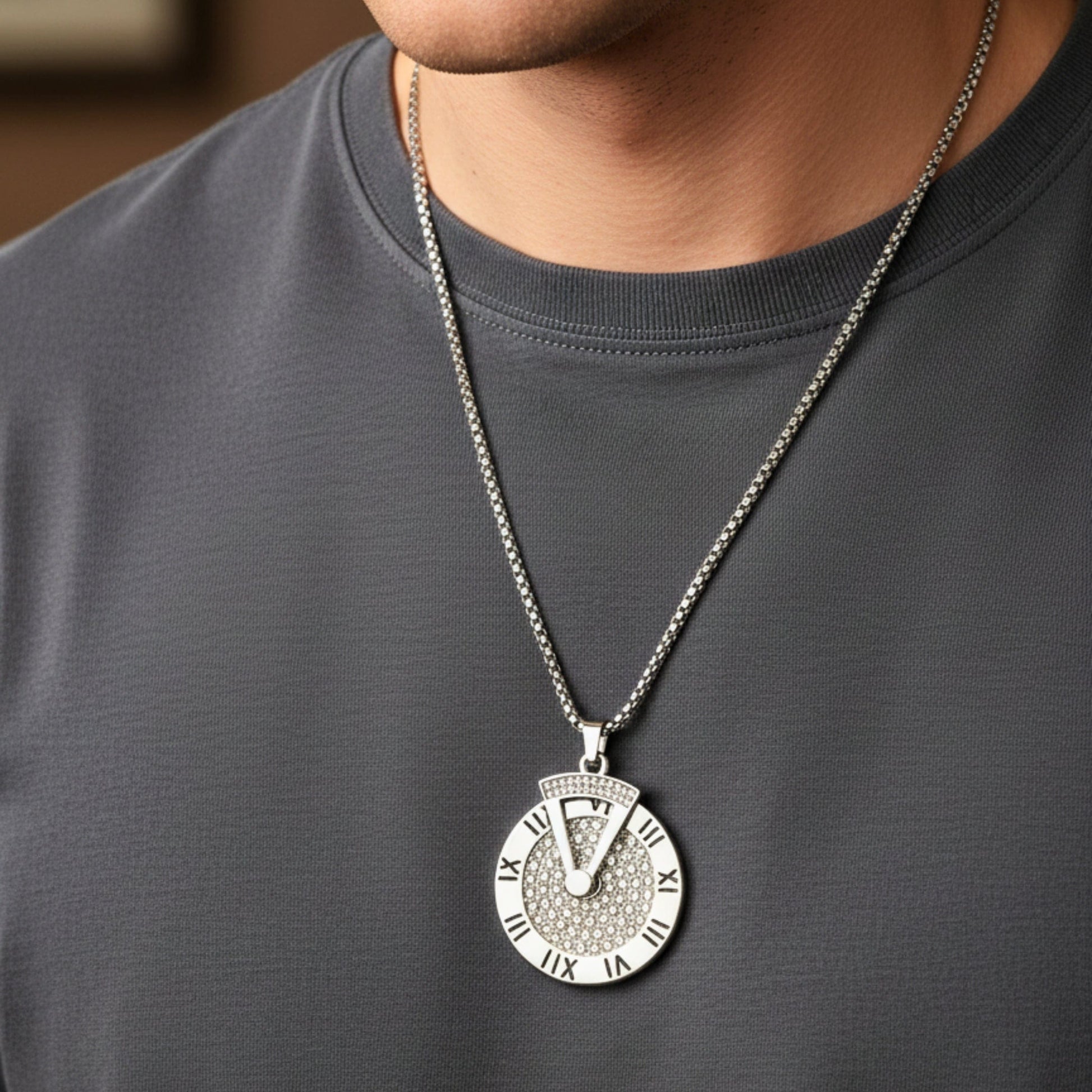 THE MEN THING SS Pendant/ Necklace ROMAN HOUR - 36mm Titanium Steel Pendant with 27inch Round Box 4mm Chain for Men & Boys with adjustable cable chain