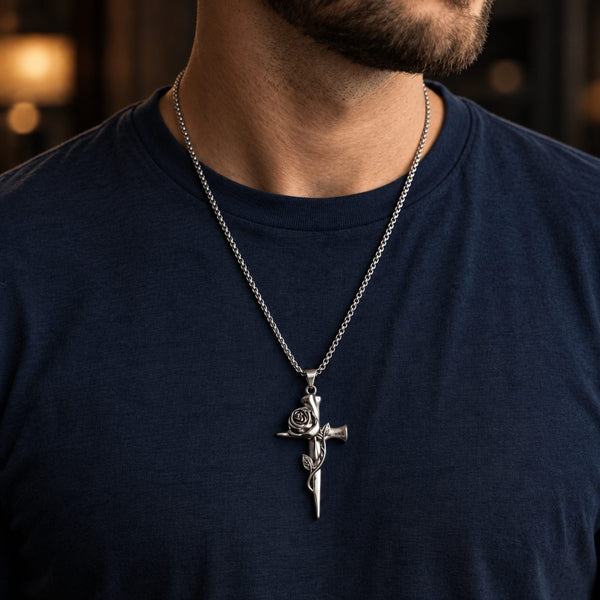 ROSE CROSS - 32mm Pure Titanium Steel Pendant with 28inch Round Box 4mm Chain for Men & Boys
