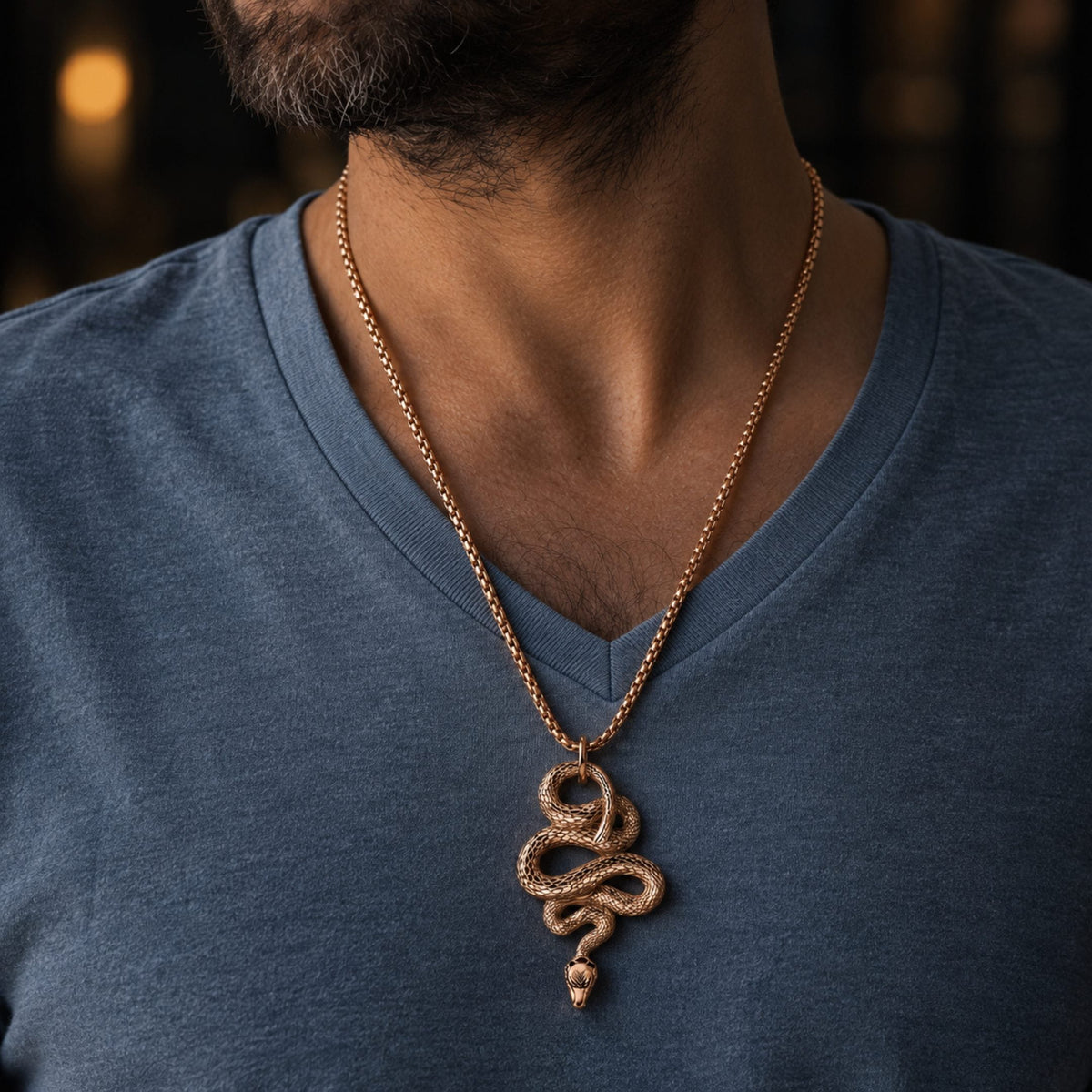 THE MEN THING SS Pendant/ Necklace ROSE GOLD GUARDIAN SNAKE - Pure Titanium Steel Pendant with 24inch Round Box Chain for Men & Boys