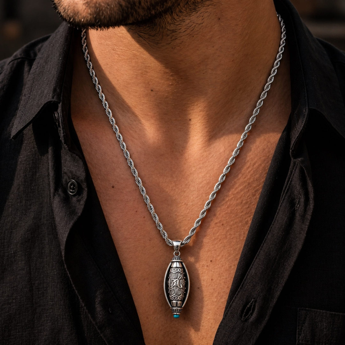 THE MEN THING SS Pendant/ Necklace ROTATING MANTRA WHEEL - 14mm Titanium Steel Pendant with 23inch 4mm Twisted Chain for Men & Boys