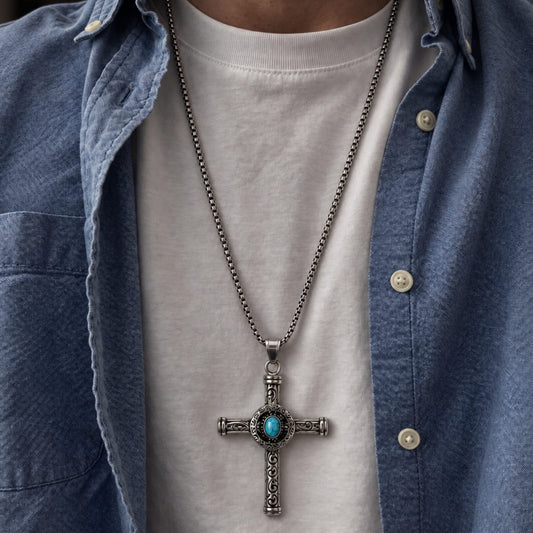 THE MEN THING SS Pendant/ Necklace SANCTUS TURQUOISE CROSS - 48mm Pure Titanium Steel Pendant with 28inch Round Box 4mm Chain for Men & Boys