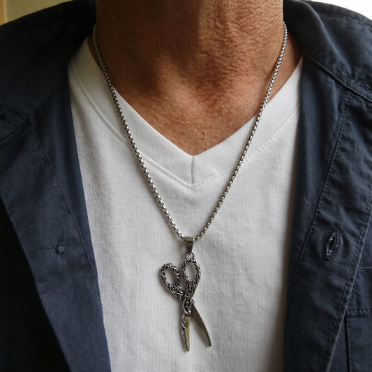 THE MEN THING SS Pendant/ Necklace SCISSORS FLAME -  Alloy Scissors Pendant with Pure Stainless Steel  24inch Round Box Chain, Milan trending Style for Men & Boy