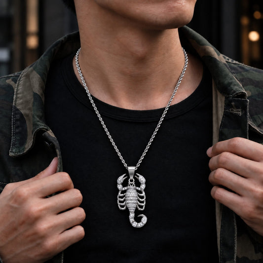 THE MEN THING SS Pendant/ Necklace SCORPION KING - STEEL - 30mm Pure Titanium Steel Pendant with 24inch Twisted Chain for Men & Boys