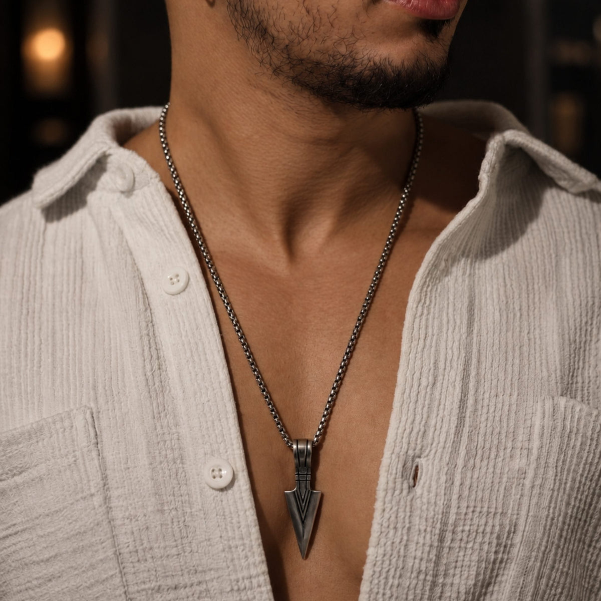 THE MEN THING SS Pendant/ Necklace SENTINEL SPEARHEAD - 14mm Pure Titanium Steel Pendant with 28inch Round Box 4mm Chain for Men & Boys