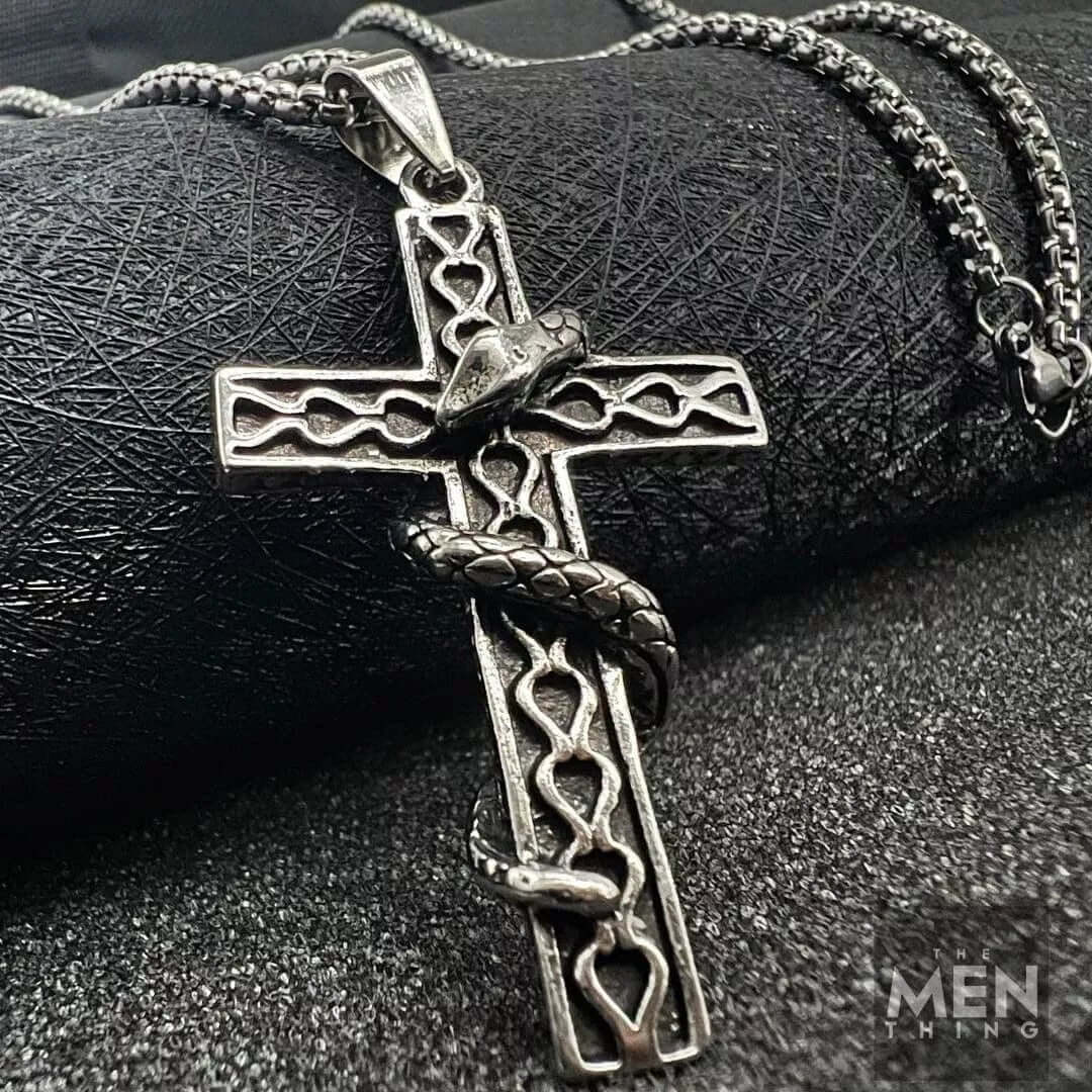 THE MEN THING SS Pendant/ Necklace SERPENT CROSS - Alloy Snake Pendant with Pure Stainless Steel 24inch Round Box Chain, American trending Style for Men & Boy