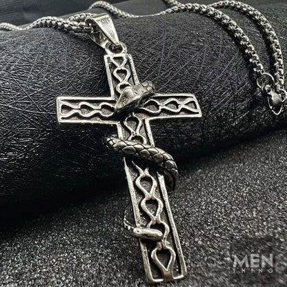 THE MEN THING SS Pendant/ Necklace SERPENT CROSS - Alloy Snake Pendant with Pure Stainless Steel 24inch Round Box Chain, American trending Style for Men & Boy