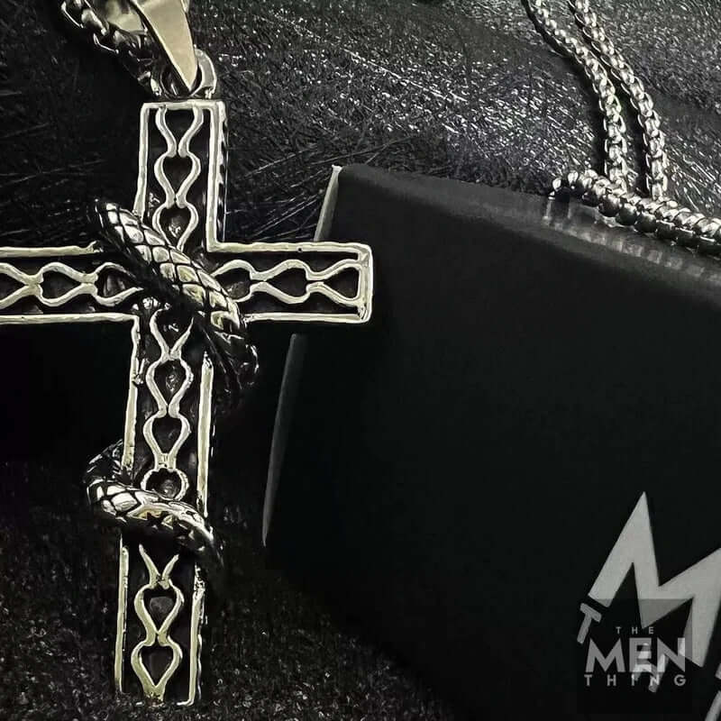 THE MEN THING SS Pendant/ Necklace SERPENT CROSS - Alloy Snake Pendant with Pure Stainless Steel 24inch Round Box Chain, American trending Style for Men & Boy