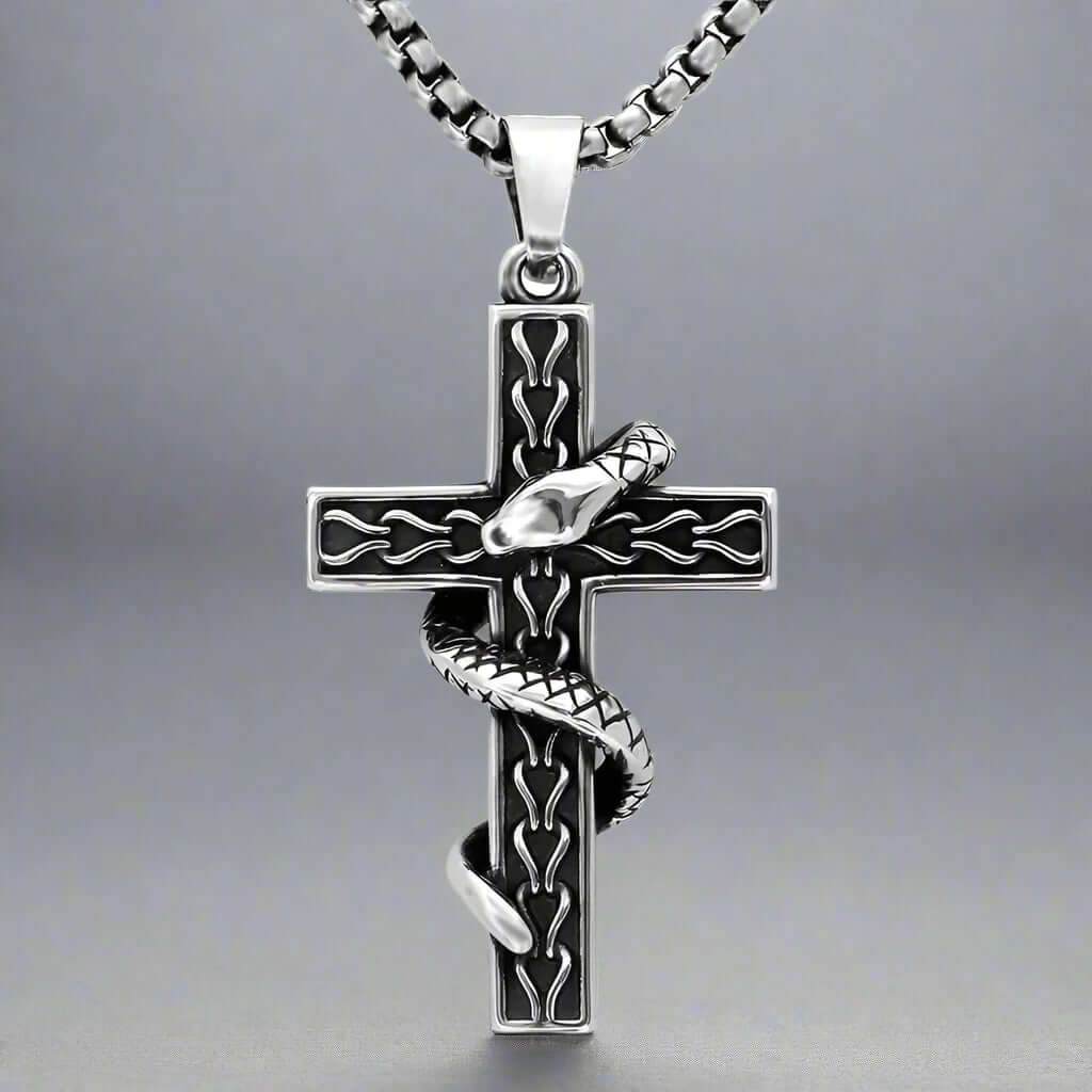 THE MEN THING SS Pendant/ Necklace SERPENT CROSS - Alloy Snake Pendant with Pure Stainless Steel 24inch Round Box Chain, American trending Style for Men & Boy