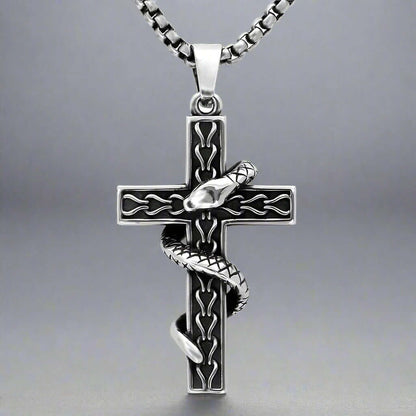 THE MEN THING SS Pendant/ Necklace SERPENT CROSS - Alloy Snake Pendant with Pure Stainless Steel 24inch Round Box Chain, American trending Style for Men & Boy