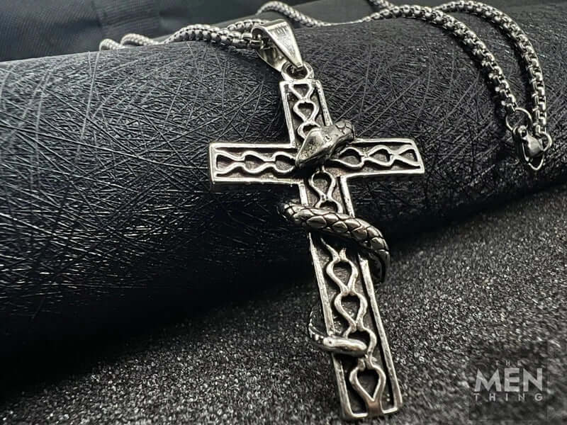 THE MEN THING SS Pendant/ Necklace SERPENT CROSS - Alloy Snake Pendant with Pure Stainless Steel 24inch Round Box Chain, American trending Style for Men & Boy
