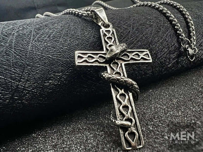 THE MEN THING SS Pendant/ Necklace SERPENT CROSS - Alloy Snake Pendant with Pure Stainless Steel 24inch Round Box Chain, American trending Style for Men & Boy