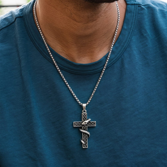THE MEN THING SS Pendant/ Necklace SERPENT CROSS - Alloy Snake Pendant with Pure Stainless Steel 24inch Round Box Chain, American trending Style for Men & Boy