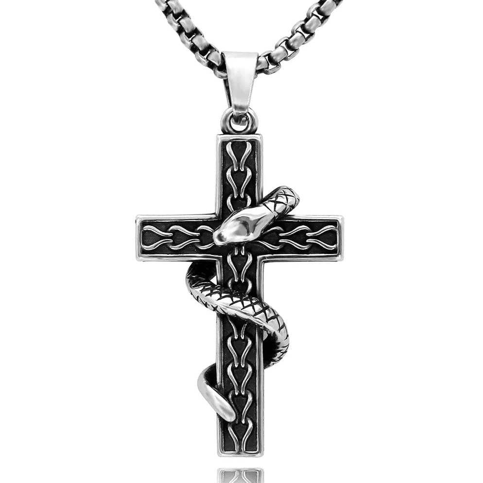 THE MEN THING SS Pendant/ Necklace SERPENT CROSS - Alloy Snake Pendant with Pure Stainless Steel 24inch Round Box Chain, American trending Style for Men & Boy
