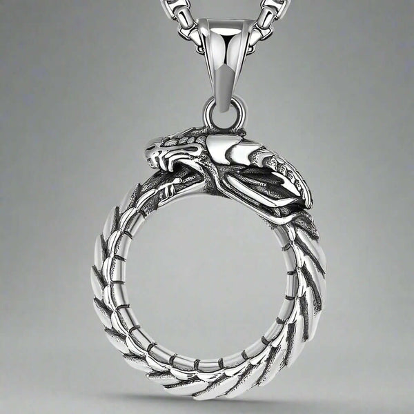SERPENT OF ETERNITY - Alloy Gluttonous Snake Pendant with Pure Stainless Steel 24inch Round Box Chain, European trending Style for Men & Boy