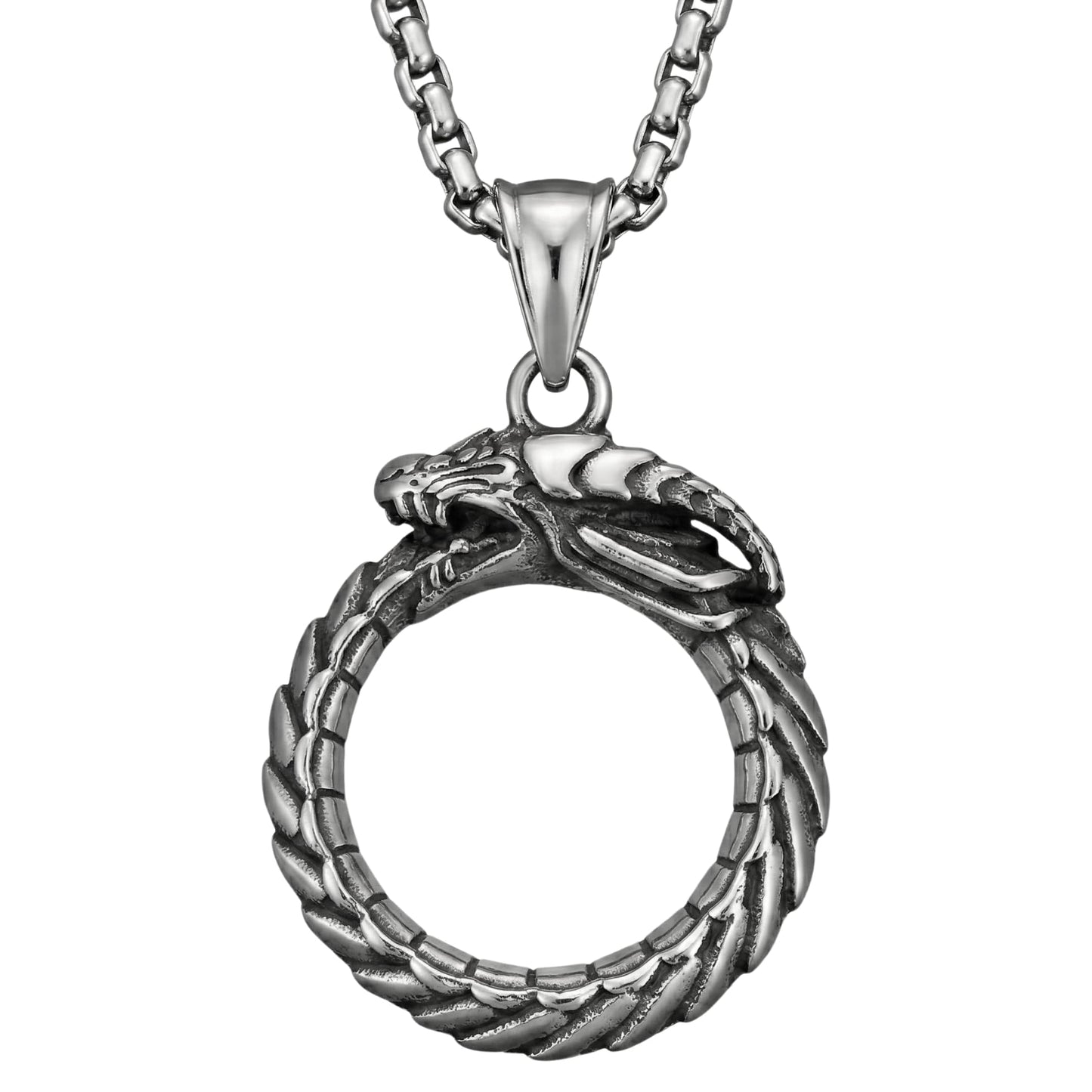 THE MEN THING SS Pendant/ Necklace SERPENT OF ETERNITY - Alloy Gluttonous Snake Pendant with Pure Stainless Steel 24inch Round Box Chain, European trending Style for Men & Boy