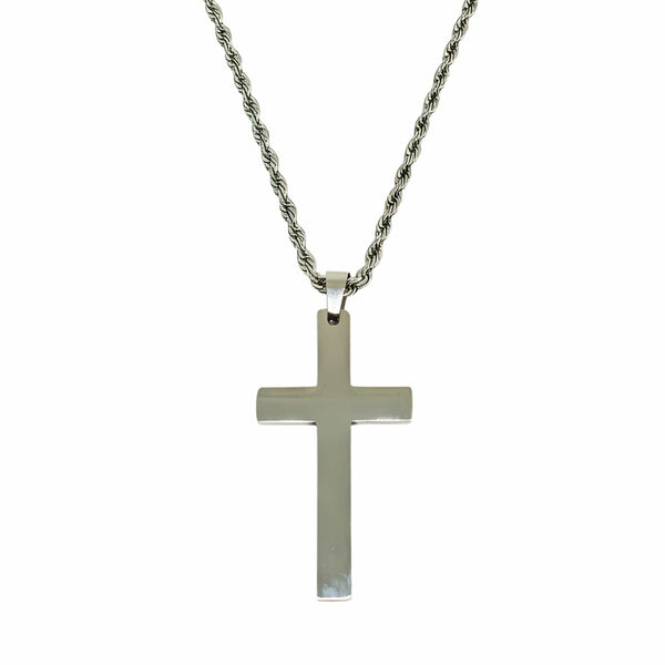 SILVER AURUM CROSS - 26mm Titanium Steel Pendant with 23inch Twisted Rope 4mm Chain for Men & Boys