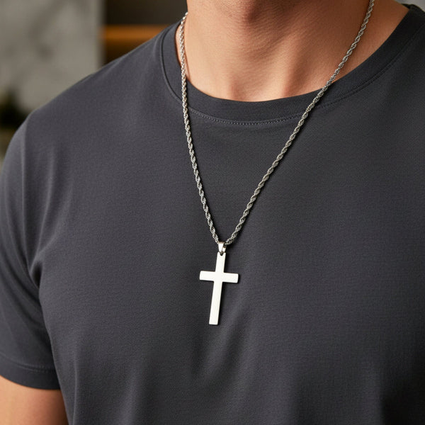 SILVER AURUM CROSS - 26mm Titanium Steel Pendant with 23inch Twisted Rope 4mm Chain for Men & Boys