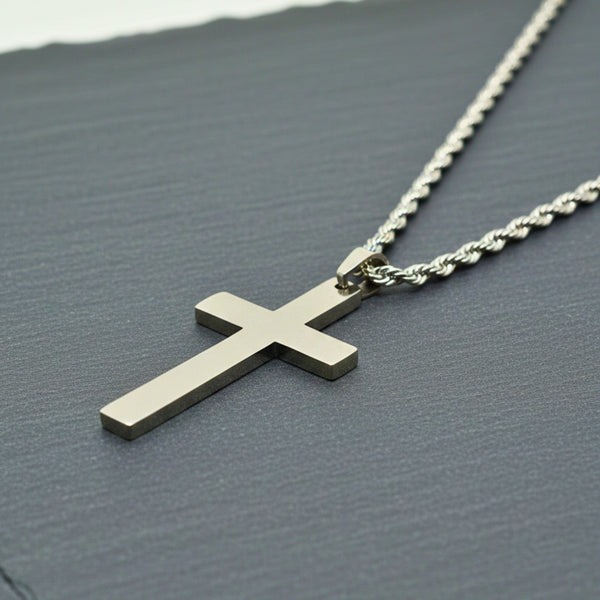 SILVER AURUM CROSS - 26mm Titanium Steel Pendant with 23inch Twisted Rope 4mm Chain for Men & Boys