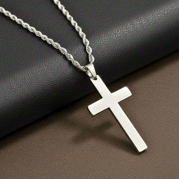 SILVER AURUM CROSS - 26mm Titanium Steel Pendant with 23inch Twisted Rope 4mm Chain for Men & Boys