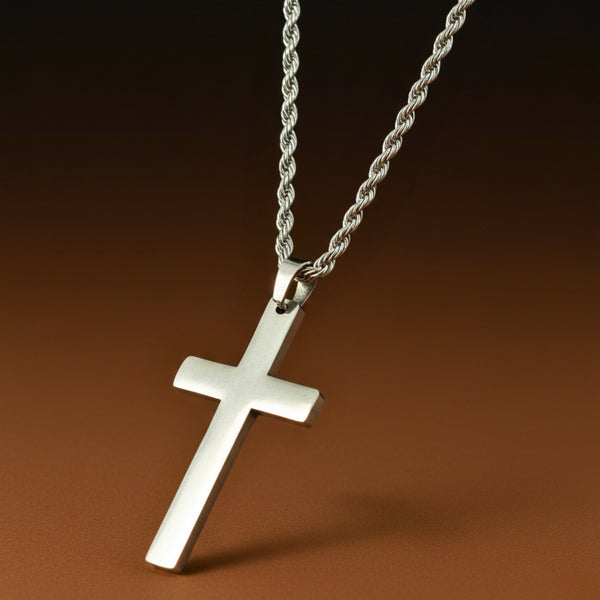 SILVER AURUM CROSS - 26mm Titanium Steel Pendant with 23inch Twisted Rope 4mm Chain for Men & Boys