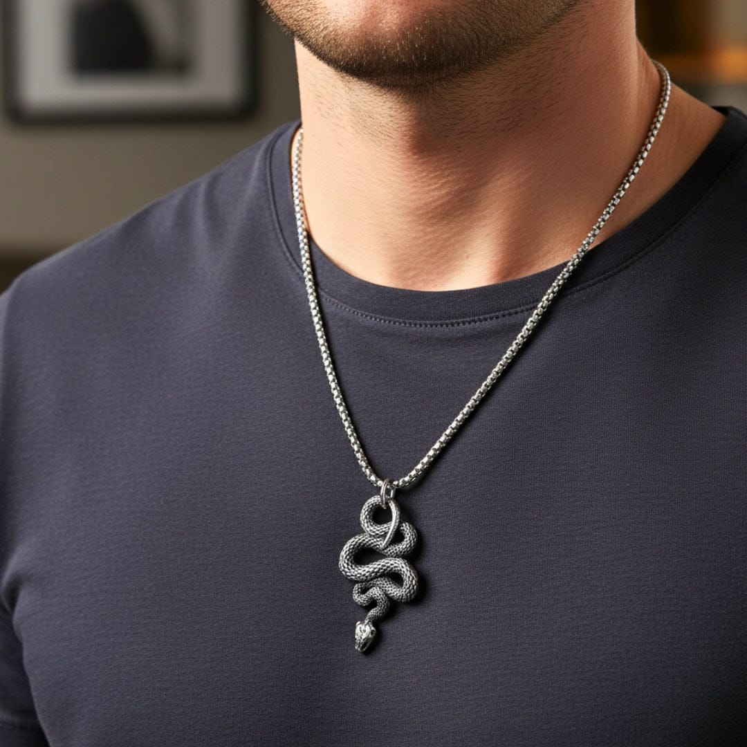 THE MEN THING SS Pendant/ Necklace SILVER GUARDIAN SNAKE - Pure Titanium Steel Pendant with 24inch Round Box Chain for Men & Boys