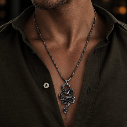 THE MEN THING SS Pendant/ Necklace SILVER GUARDIAN SNAKE - Pure Titanium Steel Pendant with 24inch Round Box Chain for Men & Boys