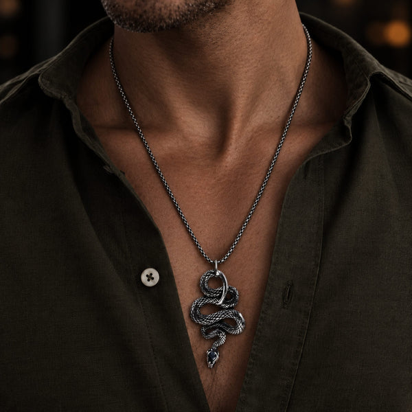 SILVER GUARDIAN SNAKE - Pure Titanium Steel Pendant with 24inch Round Box Chain for Men & Boys