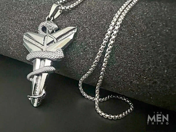 SILVER MAMBA - Alloy Pendant with Pure Stainless Steel  24inch Round Box Chain, European trending Style for Men & Boy