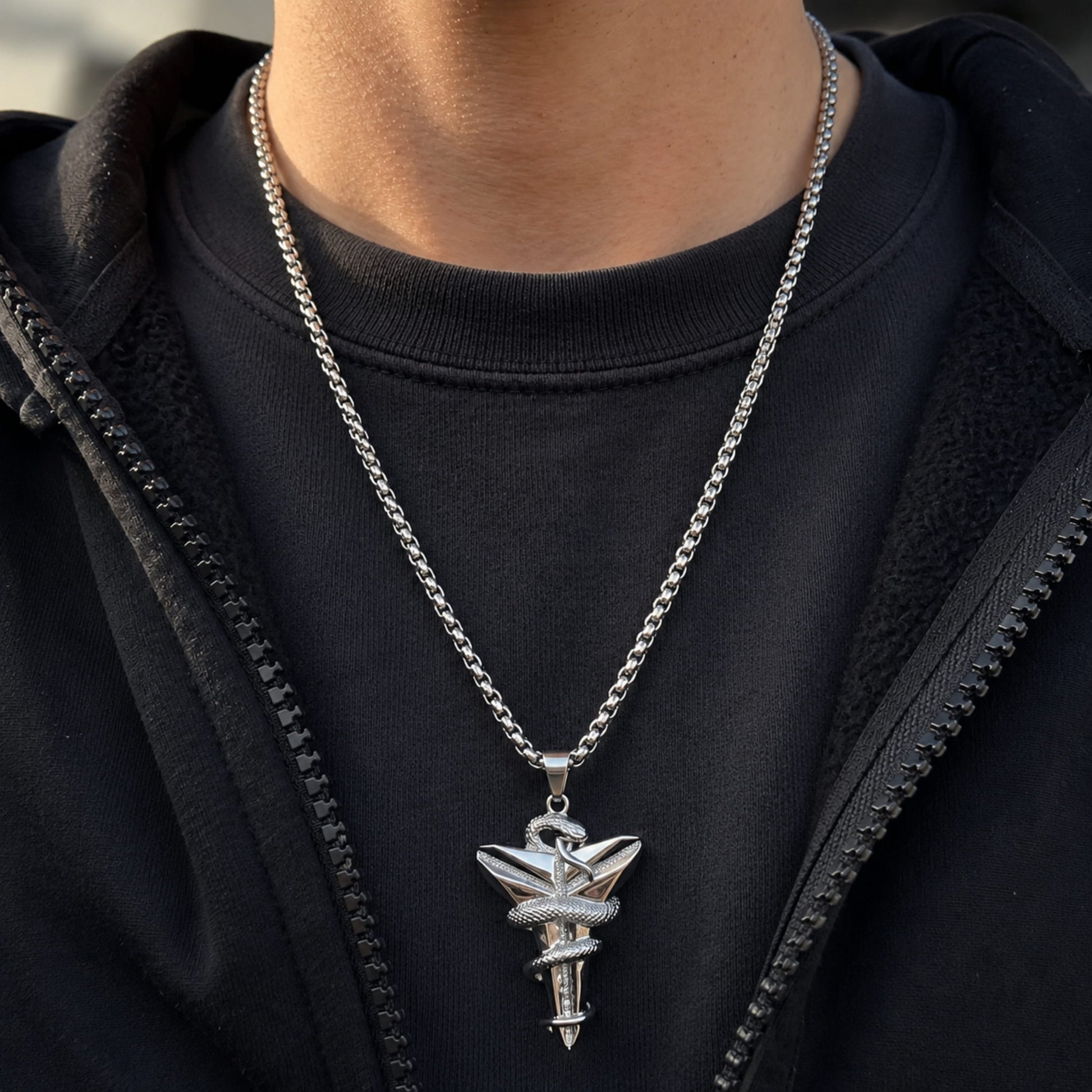 THE MEN THING SS Pendant/ Necklace SILVER MAMBA - Alloy Pendant with Pure Stainless Steel  24inch Round Box Chain, European trending Style for Men & Boy