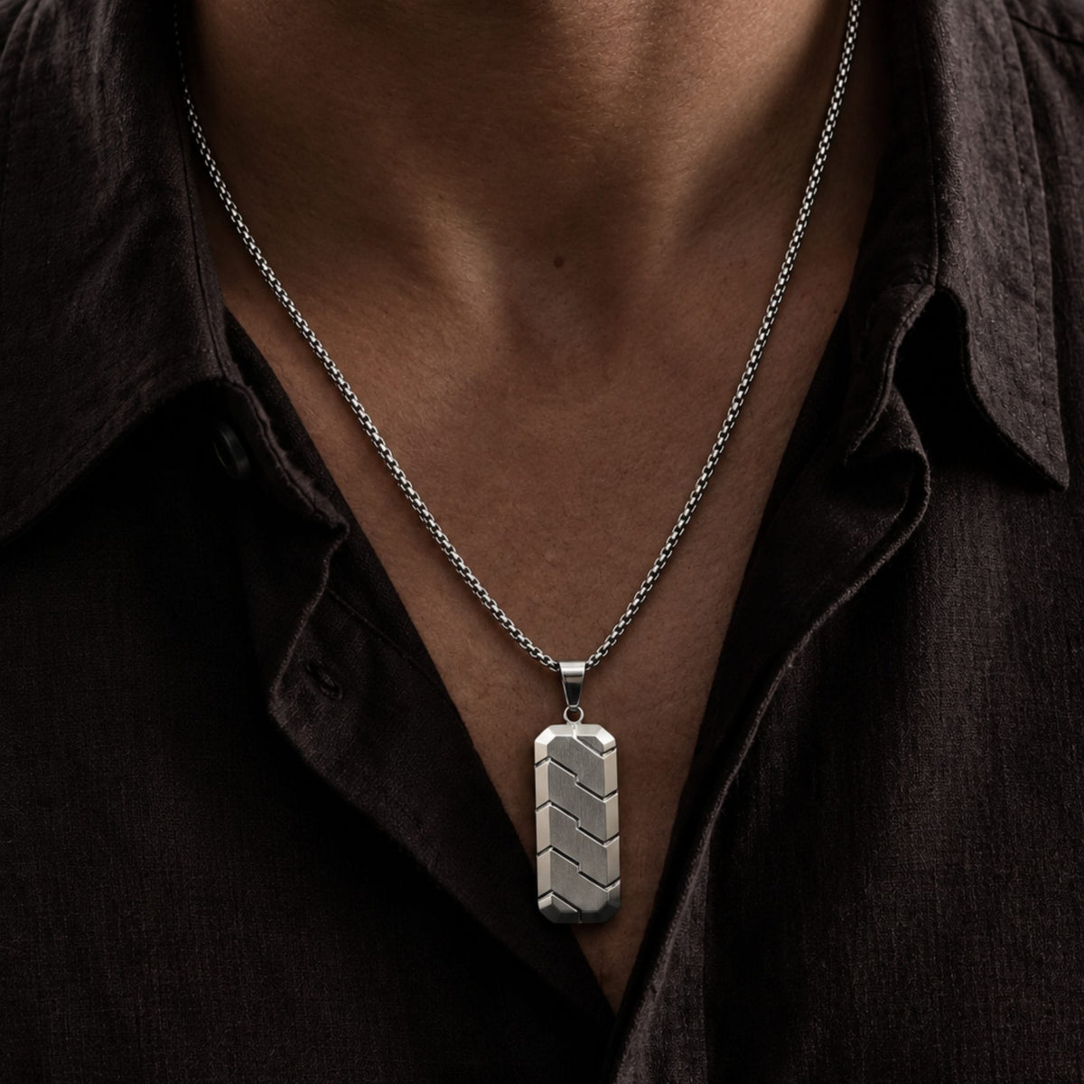 THE MEN THING SS Pendant/ Necklace SILVER PRISM - 20mm Titanium Steel Pendant with 24inch Round Box 4 mm Chain for Men & Boys