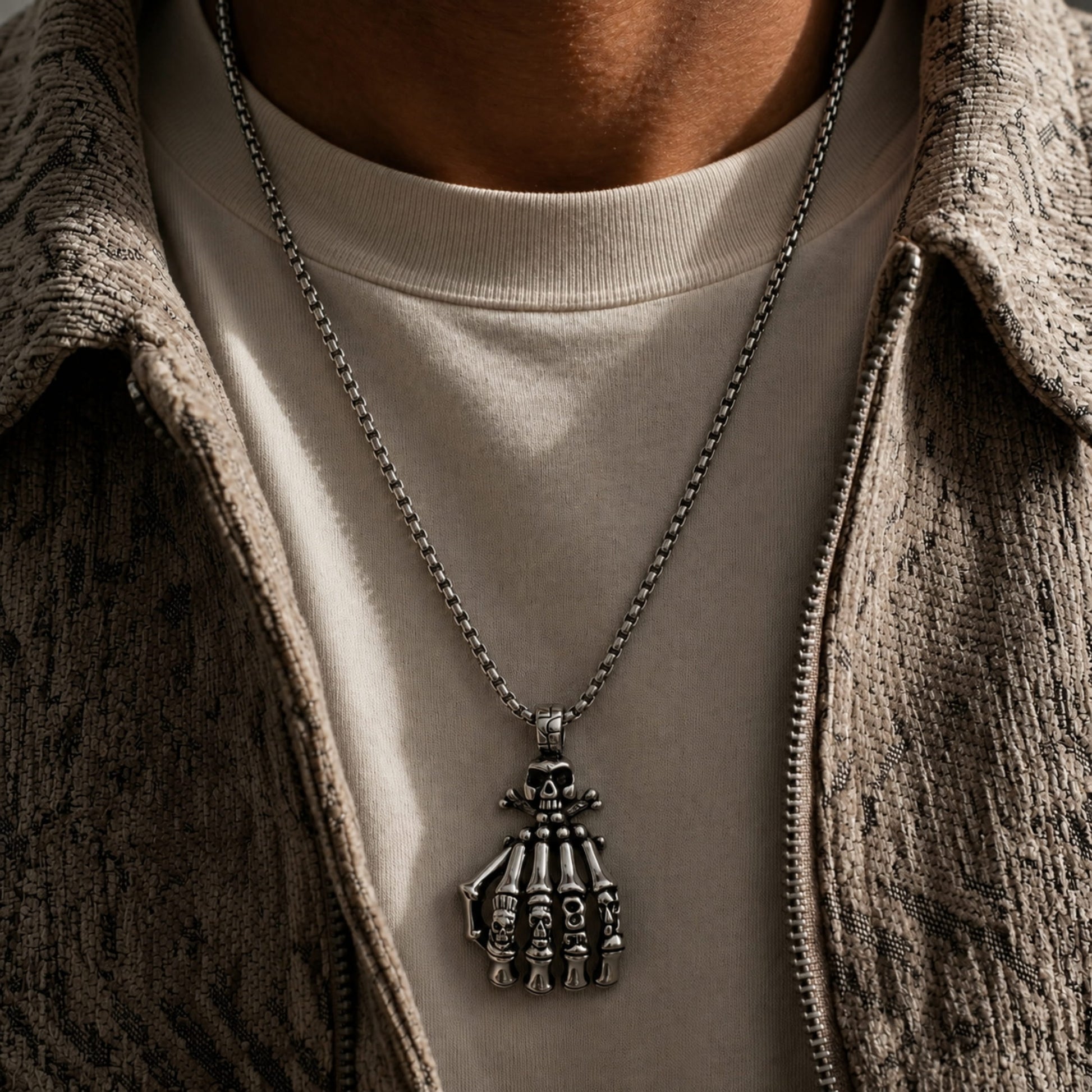 THE MEN THING SS Pendant/ Necklace SKELEHAND -  Alloy Pendant with Pure Stainless Steel 24inch Chain for Men, American trending Style - Round Box Chain for Men & Boy