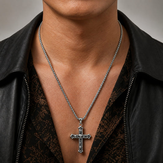 THE MEN THING SS Pendant/ Necklace SKULL CROSS -  Alloy Pendant with Pure Stainless Steel 24inch Round Box Chain, American trending Style for Men & Boy