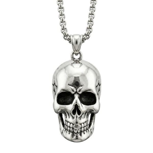 SKULL HARD -  Alloy Silver Skull Pendant with Pure Stainless Steel 24inch Round Box Chain, European trending Style Men & Boy