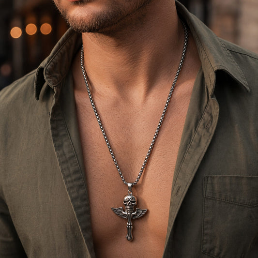 THE MEN THING SS Pendant/ Necklace SKULL KING - Pure Titanium Steel Pendant with 24inch Round Box Chain for Men & Boys