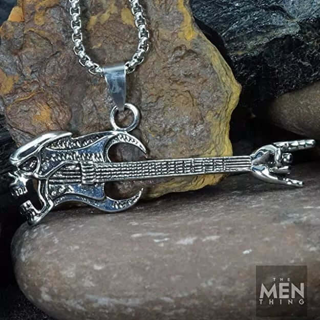 THE MEN THING SS Pendant/ Necklace SKULL ROCKING GUITAR - Alloy Pendant with Stainless Steel 24inch Round Box Chain, European trending Style for Men & Boy