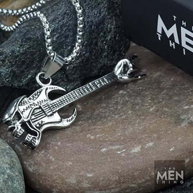 THE MEN THING SS Pendant/ Necklace SKULL ROCKING GUITAR - Alloy Pendant with Stainless Steel 24inch Round Box Chain, European trending Style for Men & Boy