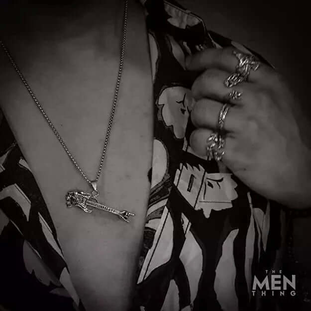 THE MEN THING SS Pendant/ Necklace SKULL ROCKING GUITAR - Alloy Pendant with Stainless Steel 24inch Round Box Chain, European trending Style for Men & Boy