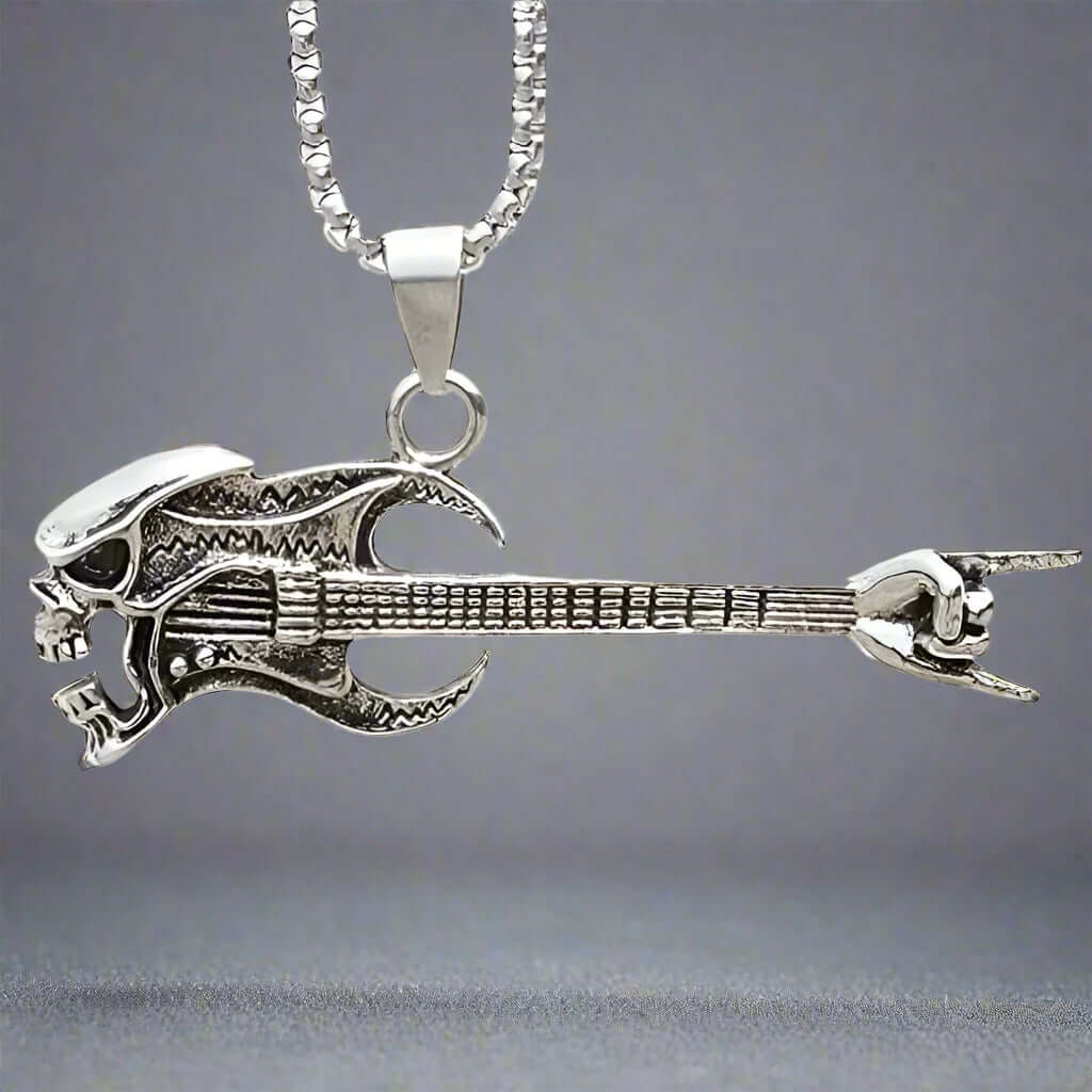 THE MEN THING SS Pendant/ Necklace SKULL ROCKING GUITAR - Alloy Pendant with Stainless Steel 24inch Round Box Chain, European trending Style for Men & Boy