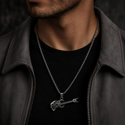 THE MEN THING SS Pendant/ Necklace SKULL ROCKING GUITAR - Alloy Pendant with Stainless Steel 24inch Round Box Chain, European trending Style for Men & Boy