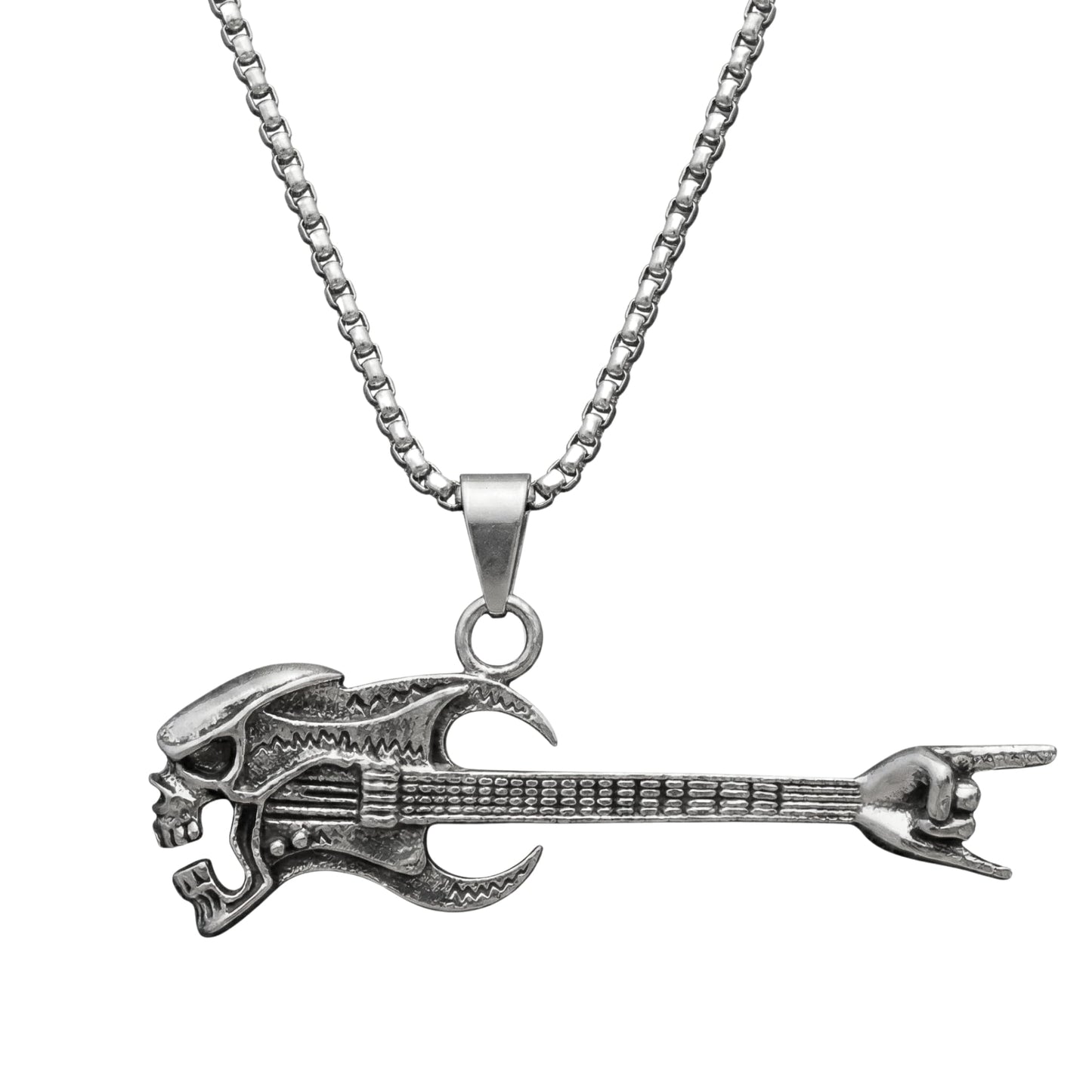THE MEN THING SS Pendant/ Necklace SKULL ROCKING GUITAR - Alloy Pendant with Stainless Steel 24inch Round Box Chain, European trending Style for Men & Boy