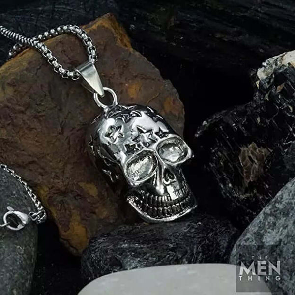 స్కల్ స్టార్ - స్వచ్ఛమైన స్టెయిన్‌లెస్ స్టీల్ 24 అంగుళాల రౌండ్ బాక్స్ చైన్‌తో అల్లాయ్ లాకెట్టు, పురుషులు & అబ్బాయిల కోసం యూరోపియన్ ట్రెండింగ్ స్టైల్