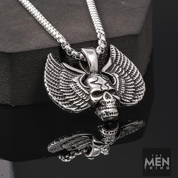 SKULL WING - Pure Titanium Steel Pendant with 24inch Round Box Chain for Men & Boys