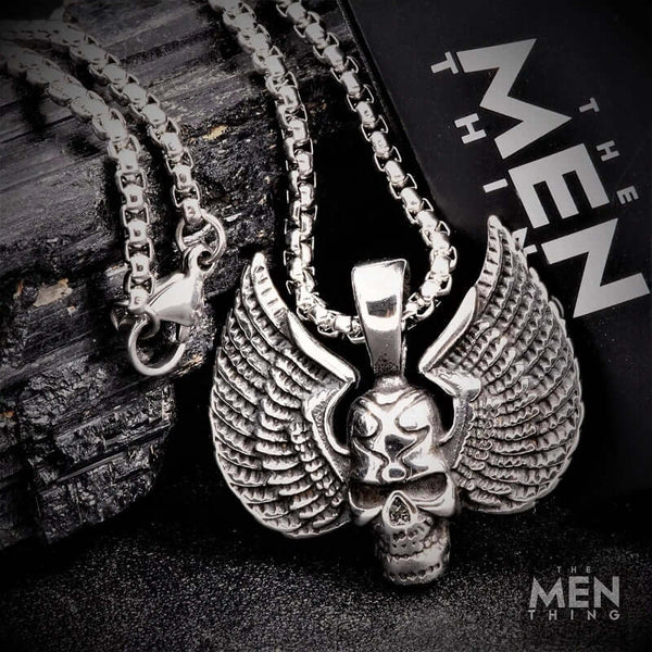 SKULL WING - Pure Titanium Steel Pendant with 24inch Round Box Chain for Men & Boys