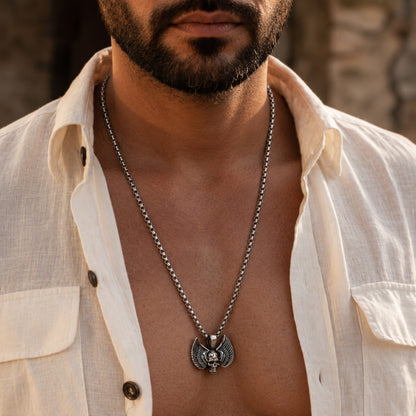 THE MEN THING SS Pendant/ Necklace SKULL WING - Pure Titanium Steel Pendant with 24inch Round Box Chain for Men & Boys