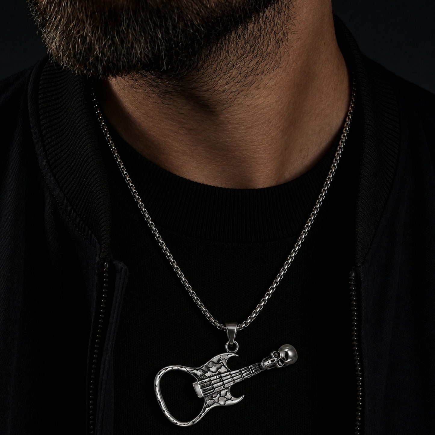 THE MEN THING SS Pendant/ Necklace SKULLY GUITAR -  Alloy Guitar Skull Pendant with Pure Stainless Steel 24inch Round Box Chain, European trending Style  for Men & Boys