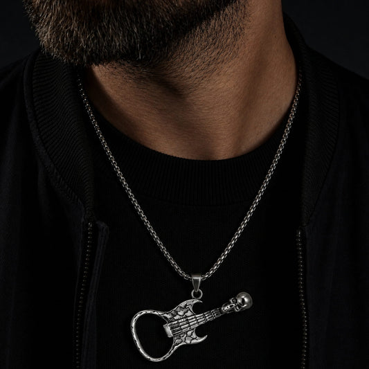 THE MEN THING SS Pendant/ Necklace SKULLY GUITAR -  Alloy Guitar Skull Pendant with Pure Stainless Steel 24inch Round Box Chain, European trending Style  for Men & Boys