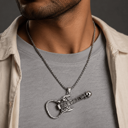 THE MEN THING SS Pendant/ Necklace SKULLY GUITAR -  Alloy Guitar Skull Pendant with Pure Stainless Steel 24inch Round Box Chain, European trending Style  for Men & Boys